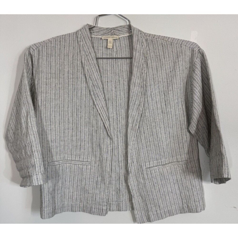 Eileen Fisher Organic Linen Cotton Ticking Stripe Open Jacket White Size XXS